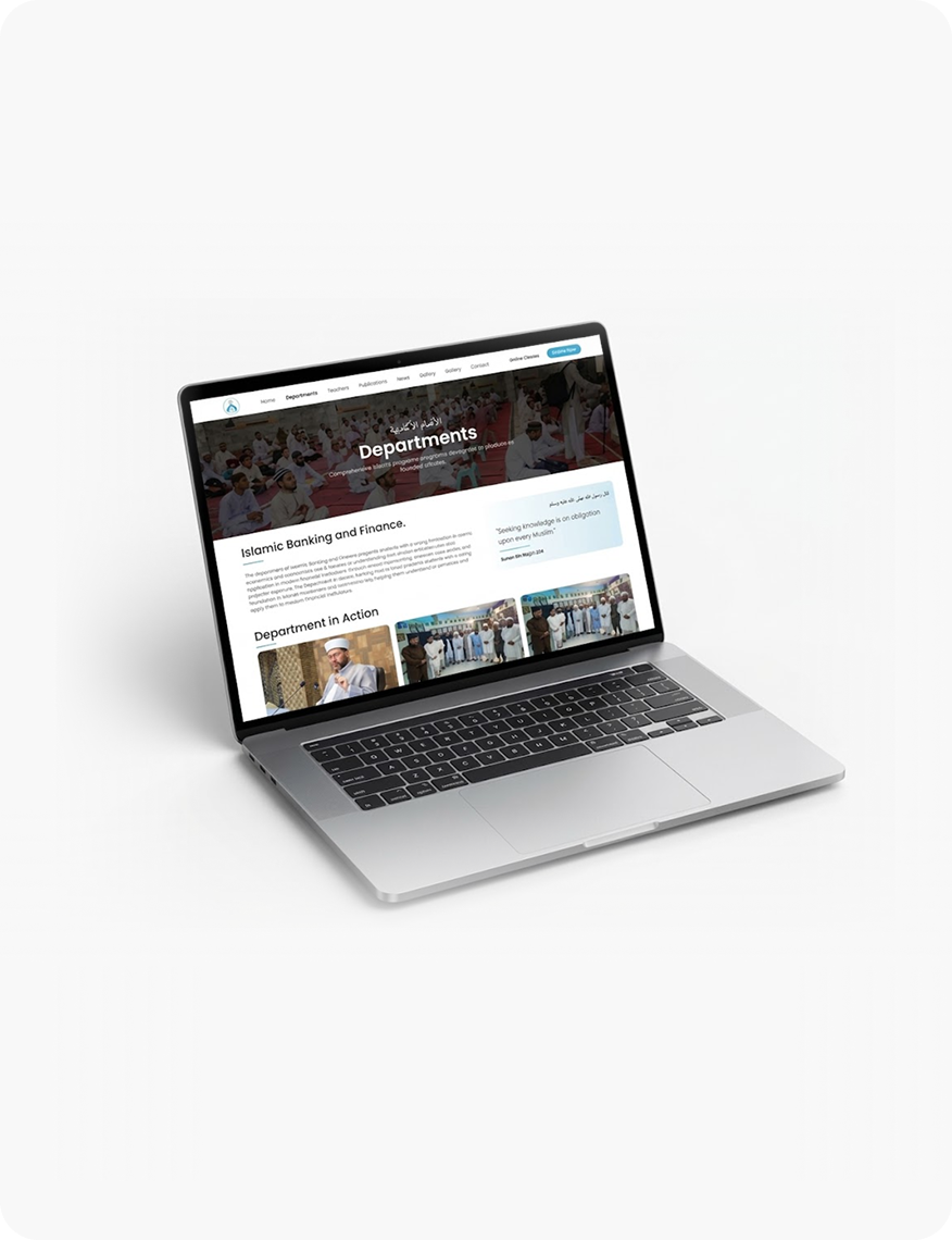 Darul Uloom Memon departments page on floating laptop